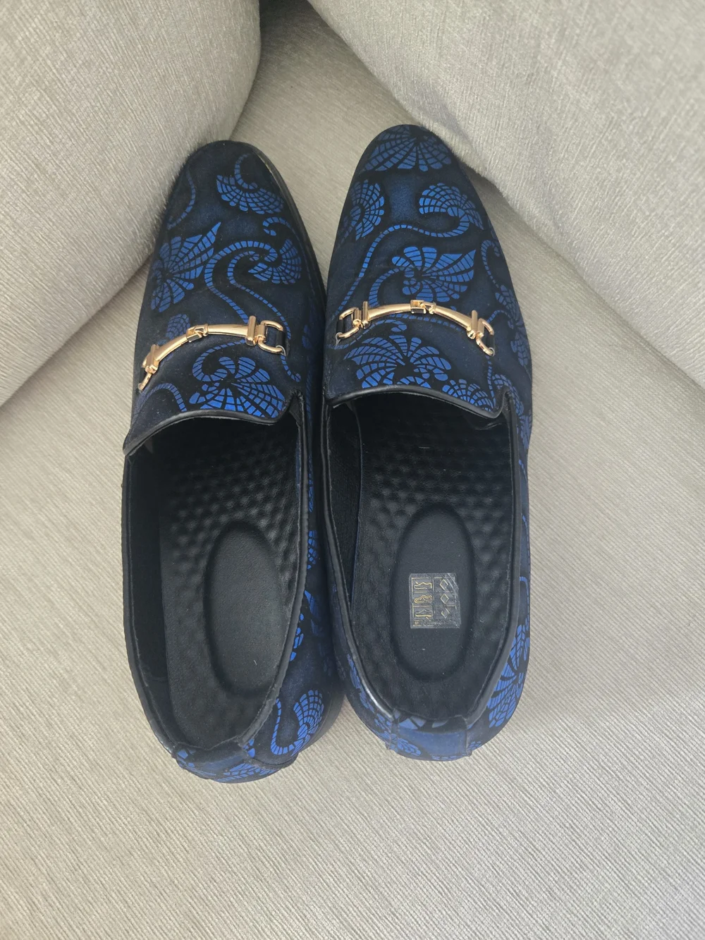 Blue Floral Pattern Men's Slip-On Loafers with Gold Bit